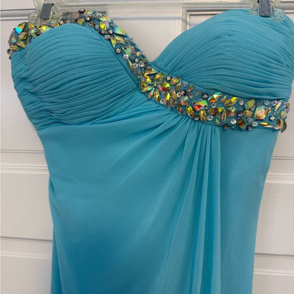 Faviana Strapless Turquoise Dress with Jewel Accents